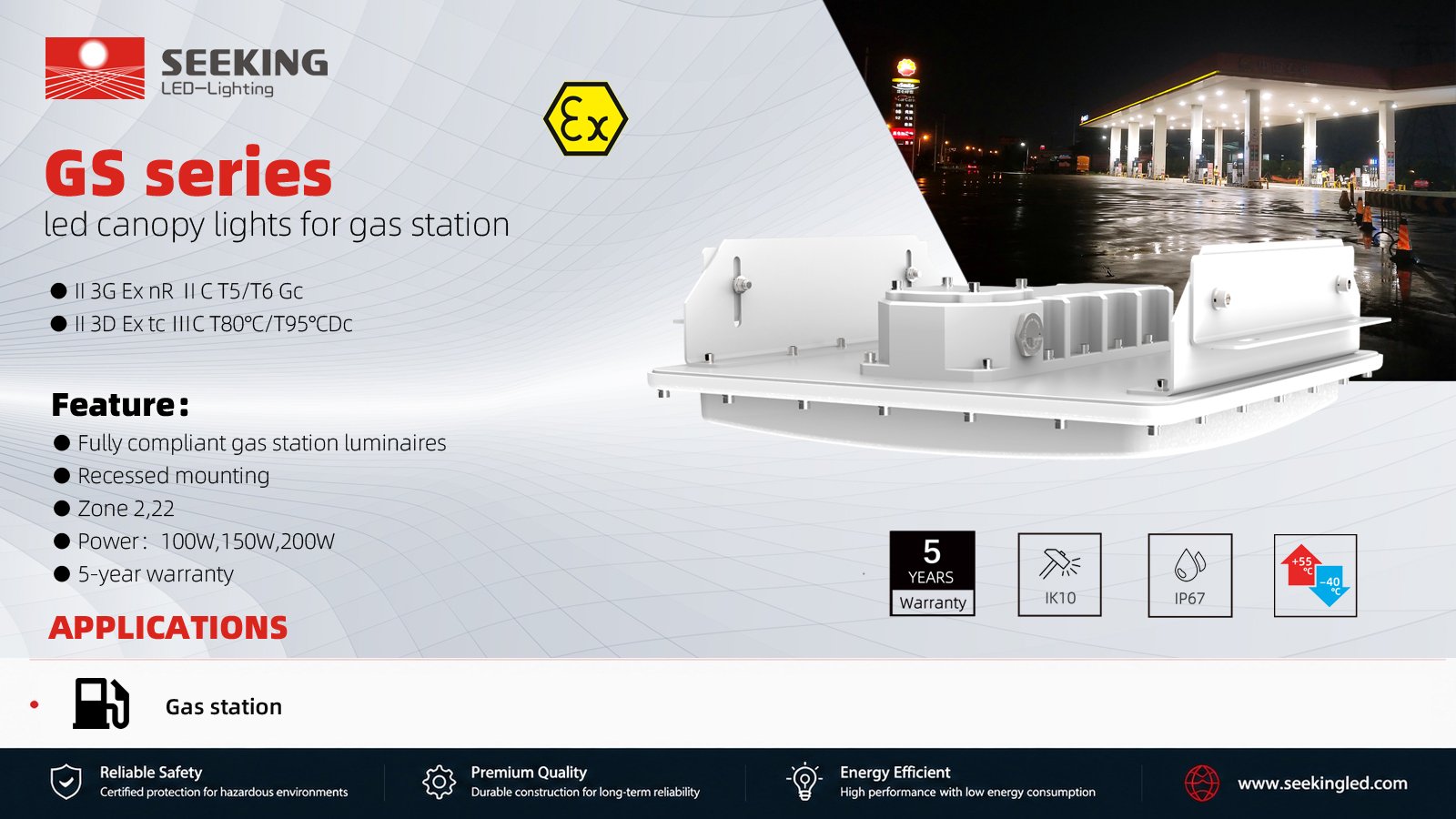 ATEX certified LED canopy light for hazardous area gas station forecourt